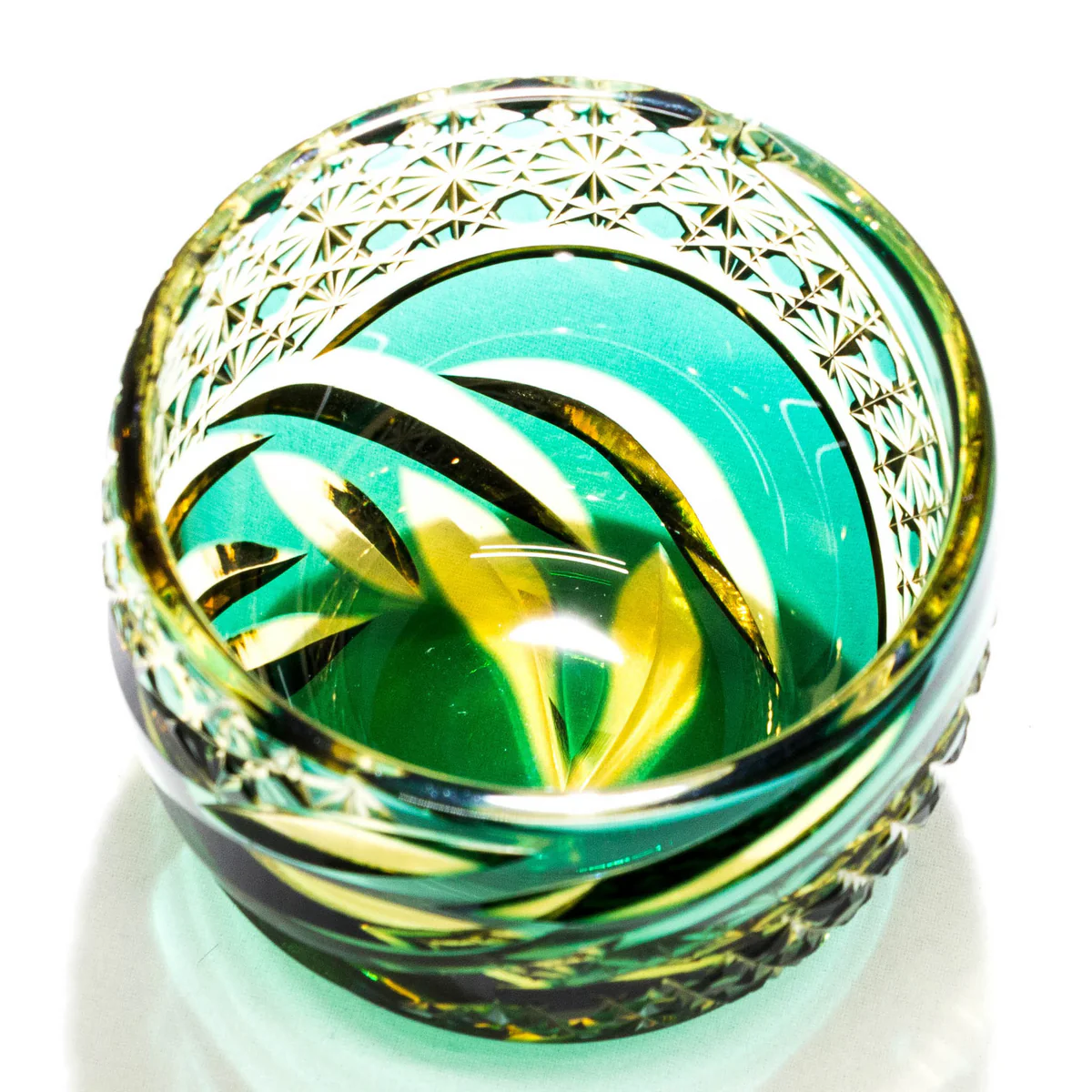 Guinomi Glass-Otaru Kiriko/Miyabi/Amber Green Fukagawa Glass Craft