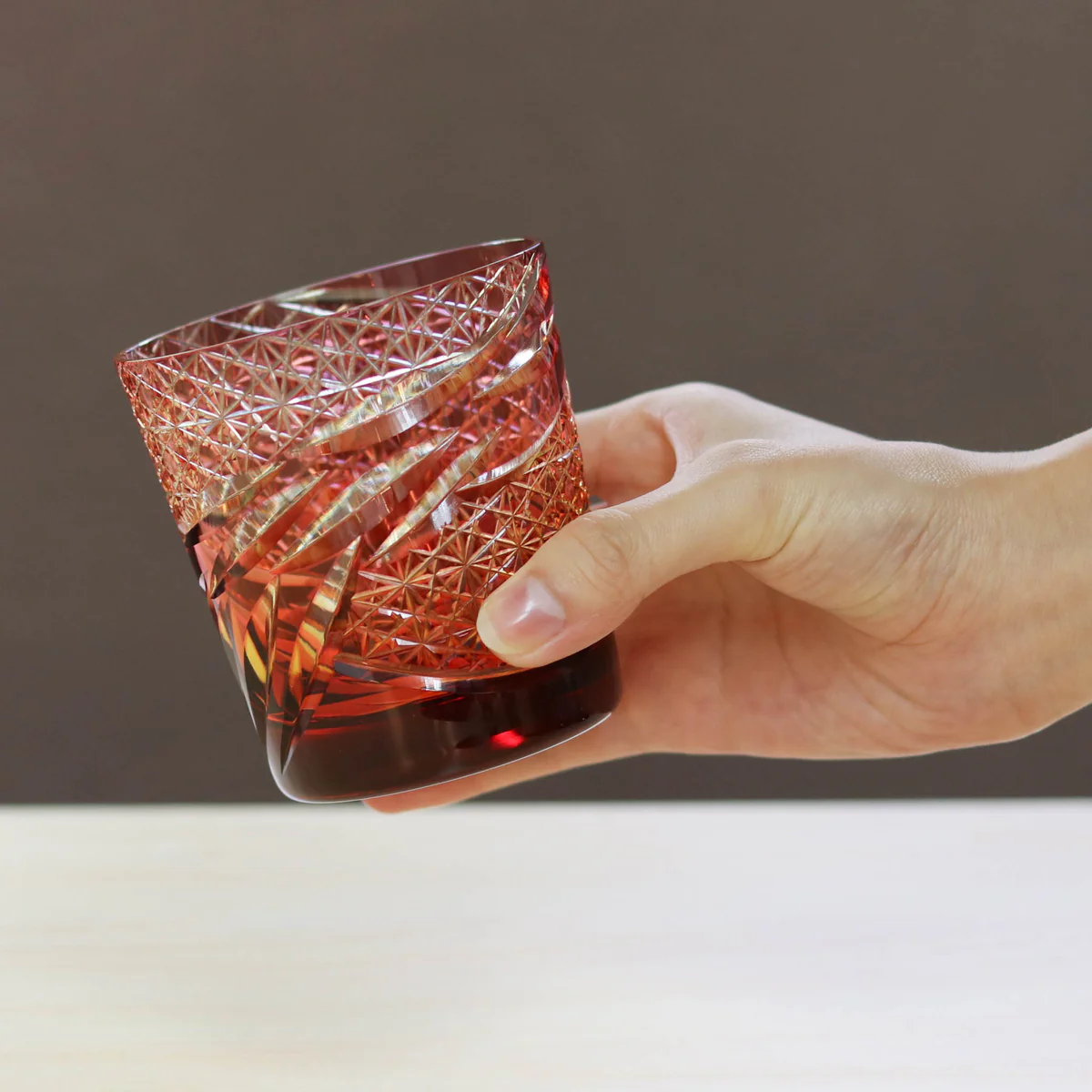 Old Fashioned Glass-Otaru Kiriko/Miabi/Amber Red-Gold(Kinaka)/Fukagawa Glasss Craft