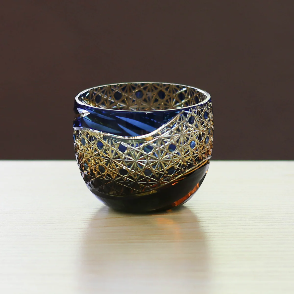 Guinomi Glass – Otaru Kiriko | Miyabi | Amber Blue (Ruri) | Fukagawa Glass Craft