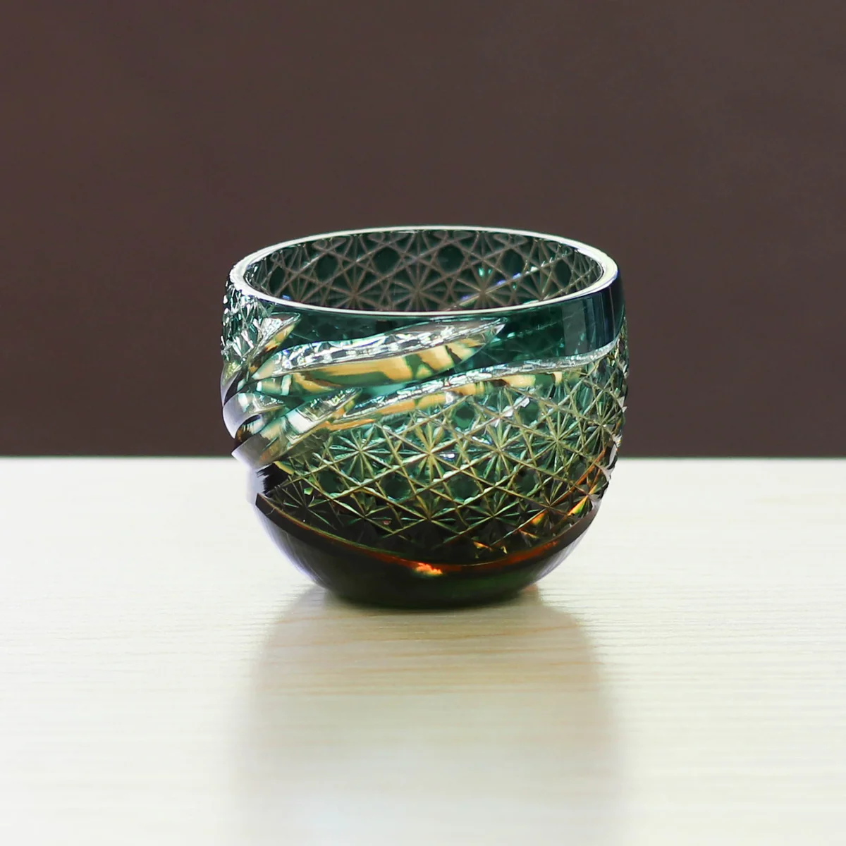 Guinomi Glass-Otaru Kiriko/Miyabi/Amber Green Fukagawa Glass Craft