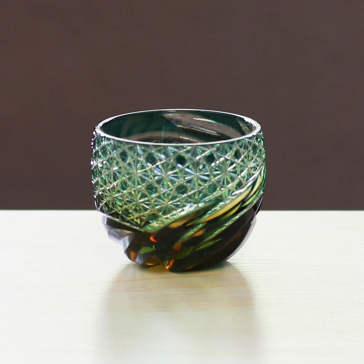 Guinomi Glass-Otaru Kiriko/Miyabi/Amber Green Fukagawa Glass Craft
