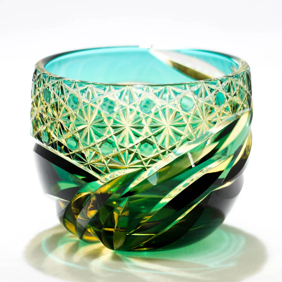 Guinomi Glass-Otaru Kiriko/Miyabi/Amber Green Fukagawa Glass Craft