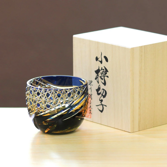Guinomi Glass – Otaru Kiriko | Miyabi | Amber Blue (Ruri) | Fukagawa Glass Craft