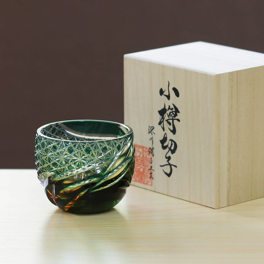 Guinomi Glass-Otaru Kiriko/Miyabi/Amber Green Fukagawa Glass Craft